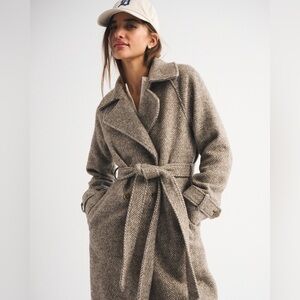 A&F Carrie Brown Herringbone Wool-blend Belted Trench Coat